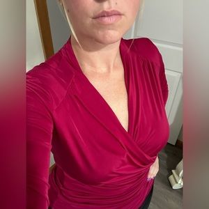 Caché medium vintage gorgeous slinky long sleeve ruched v neck raspberry